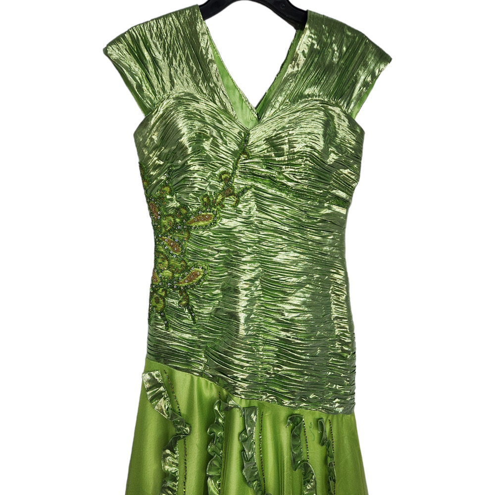 Apple Green Lame Mesh Embellished Evening Cocktail Gown Maxi Dress M - Picture 5 of 7